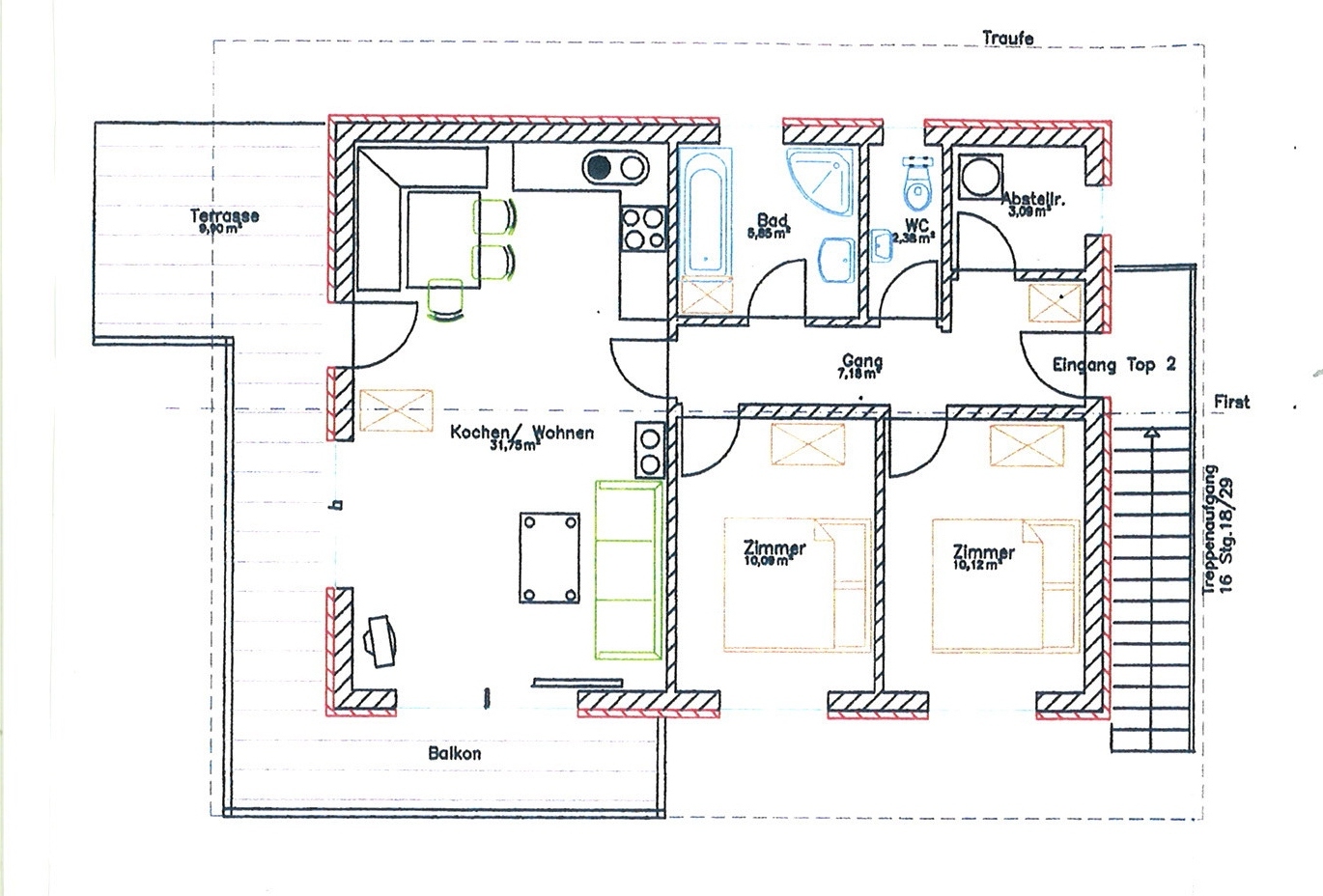 Plattegrond van het appartement met woonkamer, twee slaapkamers, keuken en badkamer